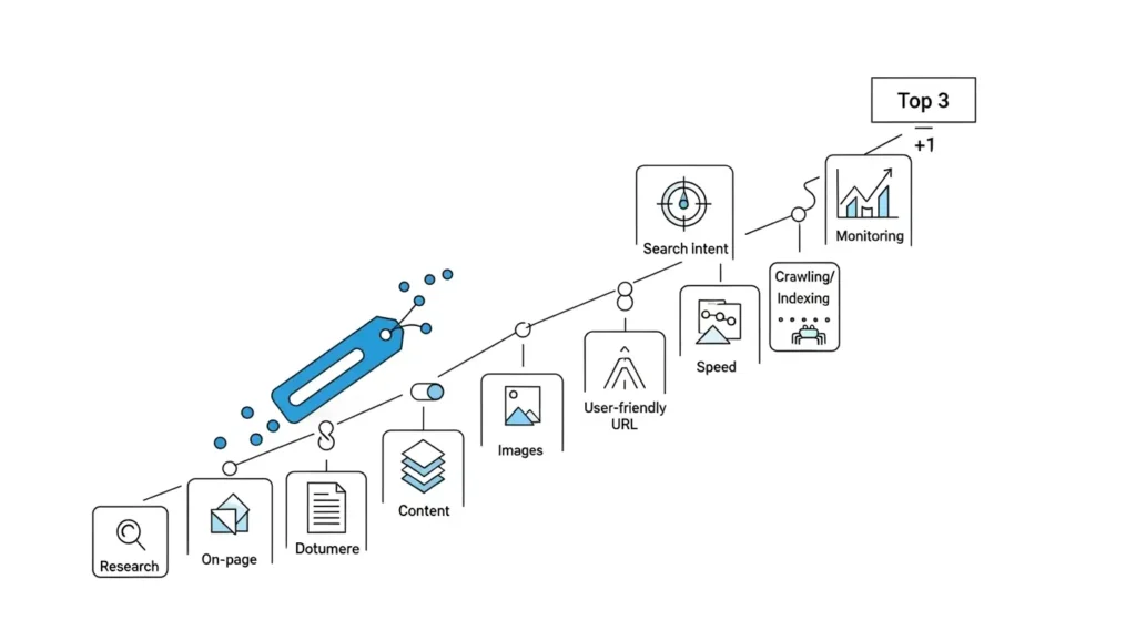 Diagrama con 10+1 pasos para posicionar una keyword: research, on-page, contenido, intención, velocidad e indexación