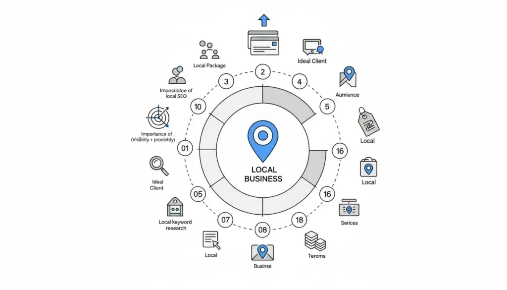 Diagrama circular de SEO local con “Local Business” al centro y varios factores alrededor (Local Pack, cliente ideal, audiencia, keywords locales, servicios, términos y visibilidad por proximidad) que explican cómo mejorar el posicionamiento local