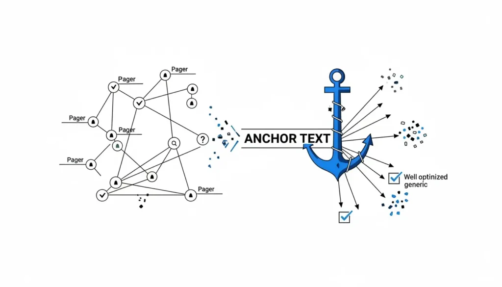 Diagrama que muestra cómo el anchor text distribuye relevancia y autoridad SEO mediante enlaces optimizados