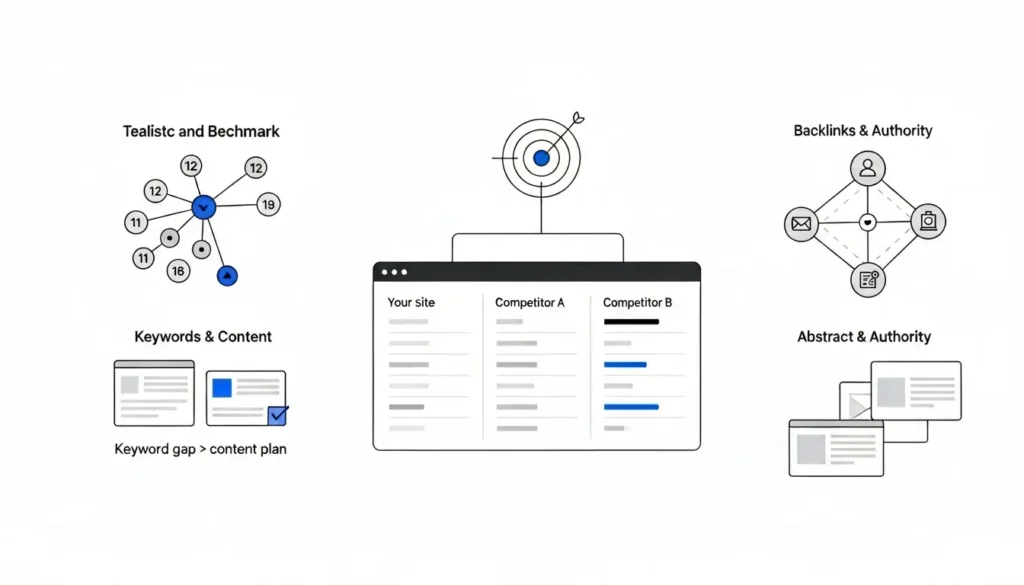 Benchmarking SEO comparando tu sitio con competidores: brecha de keywords, plan de contenido y análisis de backlinks y autoridad