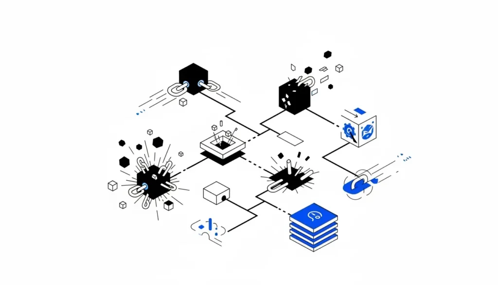 Diagrama de Black Hat SEO con red de enlaces y nodos manipulados que sugiere prácticas prohibidas y penalizaciones