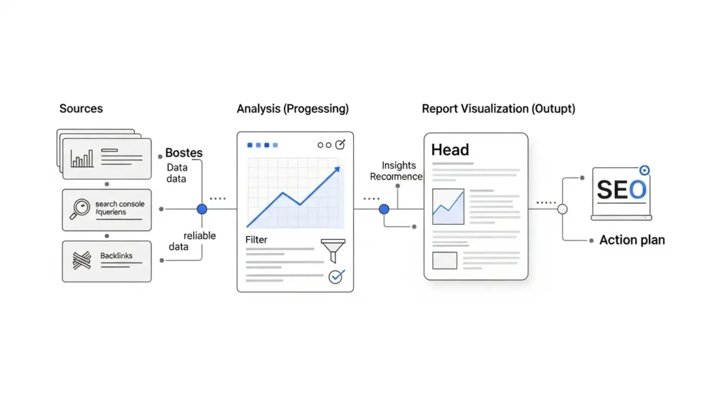 Pipeline de informe SEO desde fuentes de datos, análisis técnico, visualización de métricas y generación de plan de acción SEO