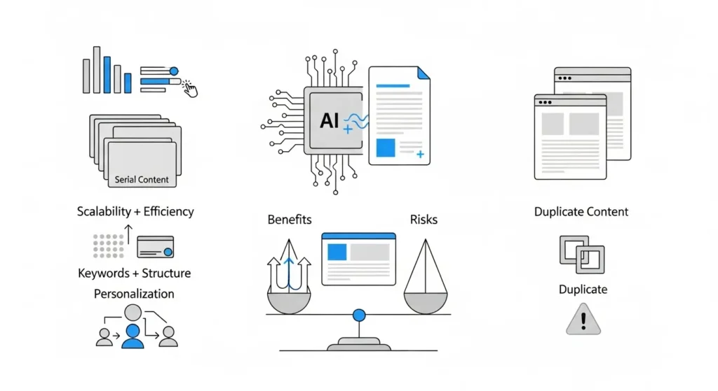 Infografía sobre contenido IA para SEO: beneficios, riesgos y advertencia de contenido duplicado en la creación automática