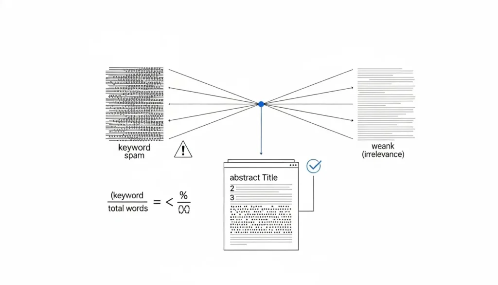 Diagrama sobre densidad de keywords mostrando equilibrio entre keyword stuffing e irrelevancia en contenido SEO