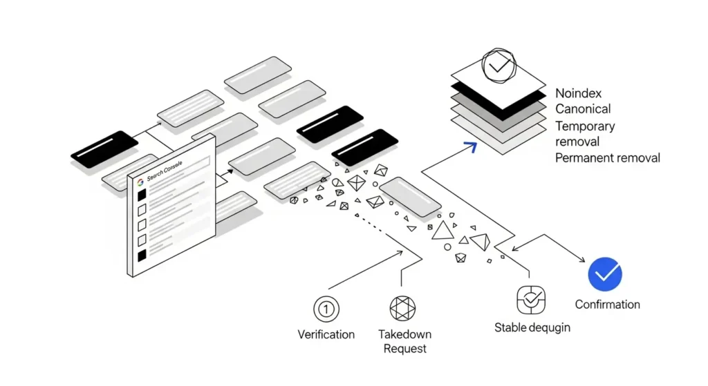 Diagrama del proceso para eliminar una URL de Google usando Search Console, noindex y canonical