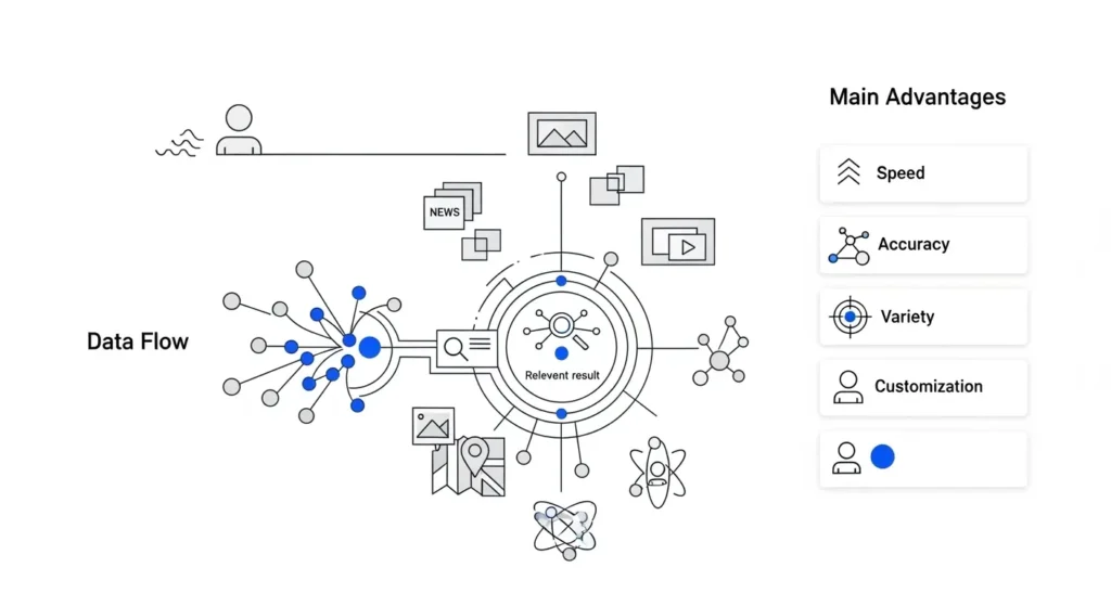 Funcionamiento del buscador Google con flujo de datos y entrega de resultados relevantes personalizados