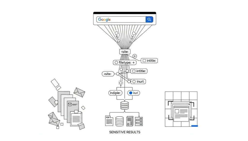 Diagrama de Google Dorking mostrando operadores avanzados para encontrar información sensible en buscadores