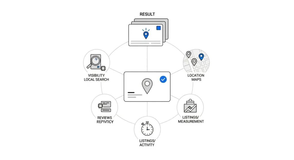 Diagrama de Google My Business (perfil de negocio verificado) mostrando cómo reseñas, actividad, medición, visibilidad en búsqueda local y ubicación en Maps se conectan para mejorar los resultados del negocio