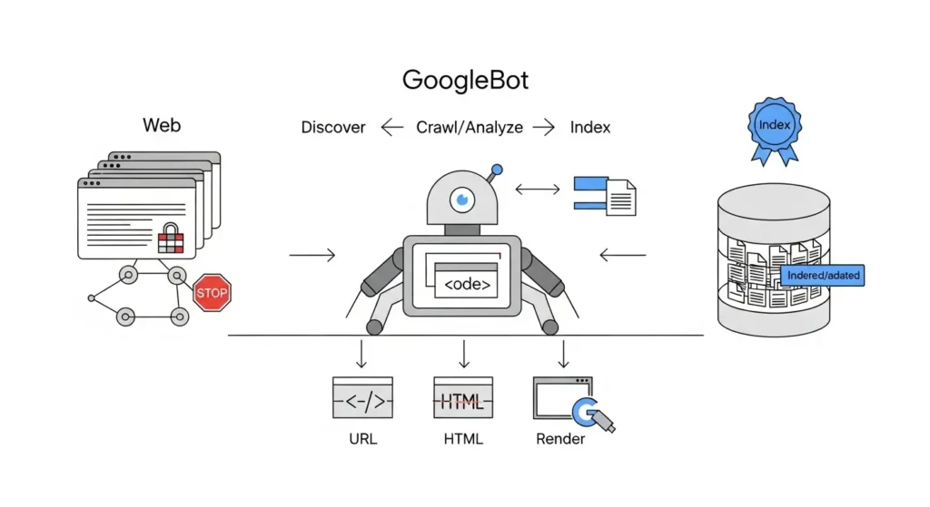 Diagrama de GoogleBot mostrando el proceso de descubrir, rastrear, analizar y renderizar páginas web para indexarlas en Google