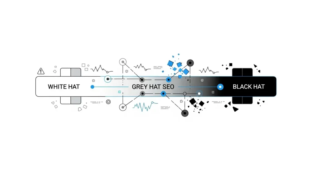 Diagrama que muestra Grey Hat SEO como punto intermedio entre White Hat SEO y Black Hat SEO