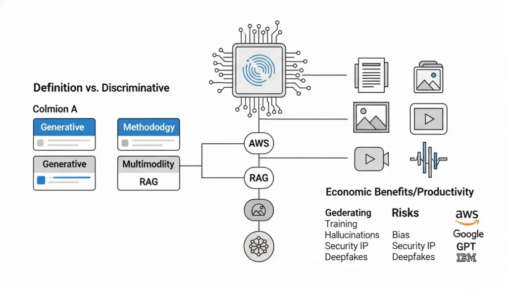 Infografía de IA generativa: comparación con IA discriminativa, multimodalidad, RAG y beneficios vs riesgos (sesgo, alucinaciones, PI, deepfakes)