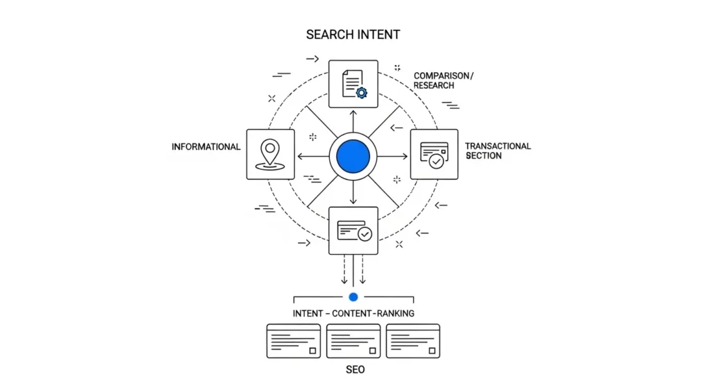 Diagrama de intención de búsqueda en SEO con tipos informacional, comparativa y transaccional aplicados al ranking