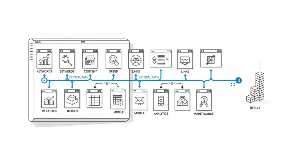 Mapa de técnicas SEO en ruta crítica: keywords, contenido, velocidad, links, meta tags, móvil, analítica y mantenimiento