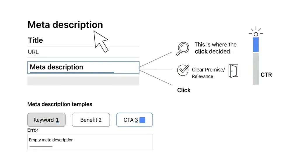 Diagrama de meta descripción en SEO mostrando cómo influye en el CTR con promesa clara, relevancia y plantillas