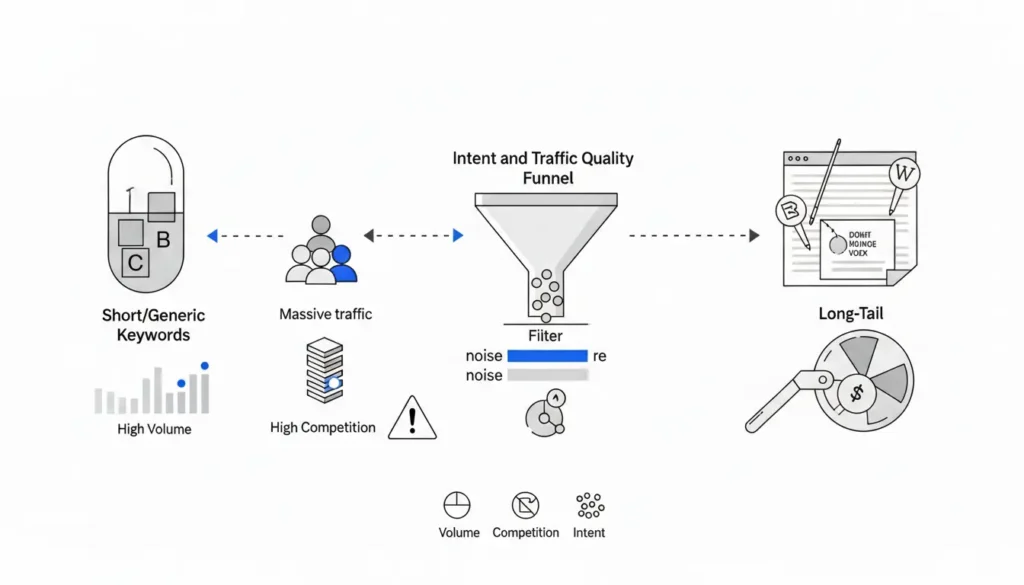 Diagrama de palabras clave short tail vs long tail: alto volumen y competencia frente a intención de búsqueda, con funnel de calidad de tráfico