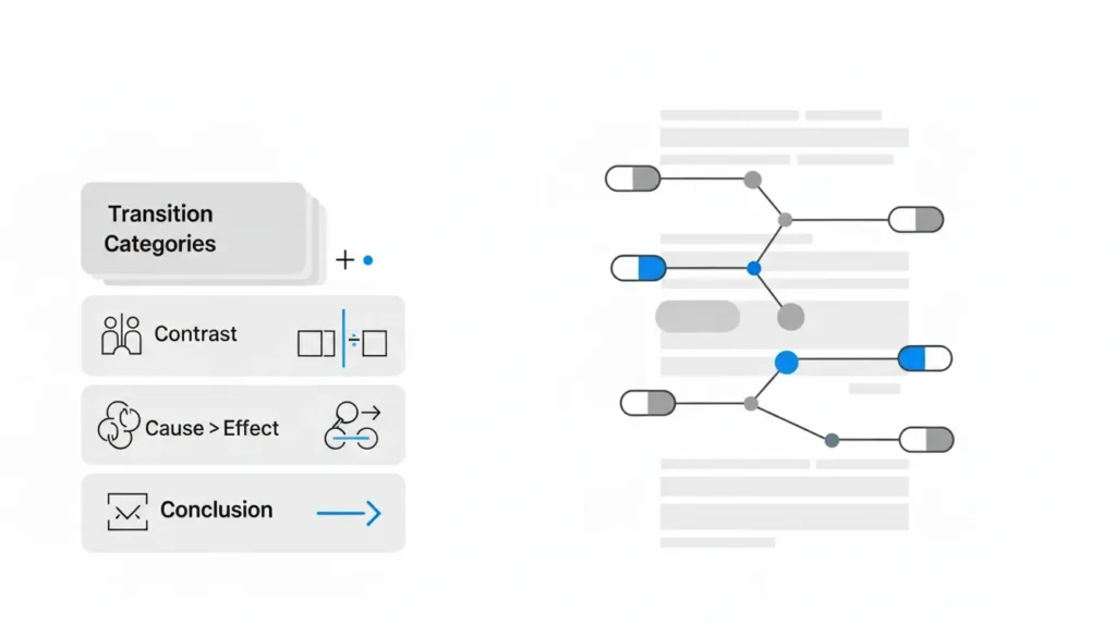 Ilustración de palabras de transición SEO: contraste, causa-efecto y conclusión para conectar ideas y mejorar la legibilidad del texto