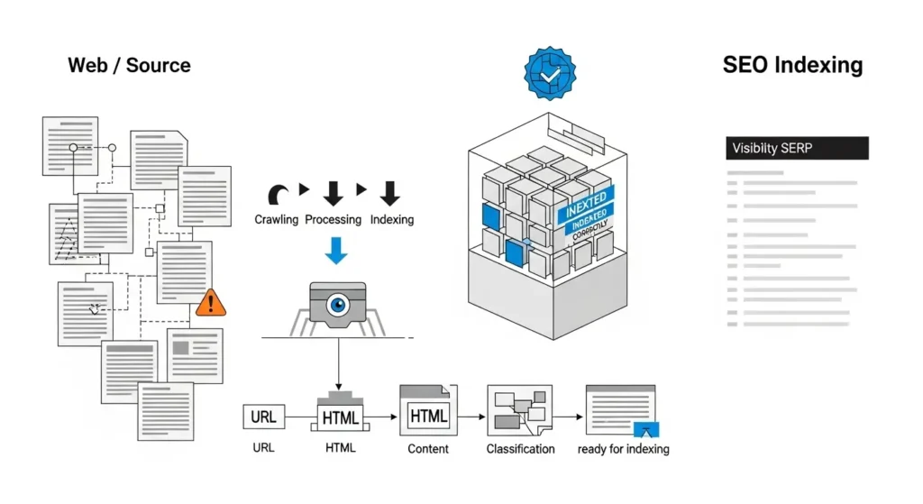 Flujo de indexación SEO mostrando rastreo, procesamiento e indexado de páginas web desde HTML hasta visibilidad en SERP