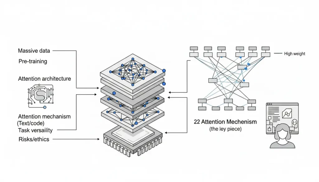 Diagrama de GPT-3 como transformer preentrenado: datos masivos, capas del modelo y mecanismo de atención como pieza clave, con riesgos éticos y sesgos