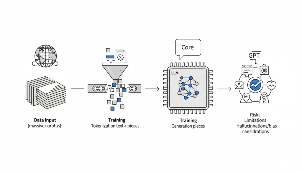 Diagrama del funcionamiento de un LLM: datos masivos, tokenización, entrenamiento del modelo y salida tipo GPT con riesgos de alucinaciones y sesgo
