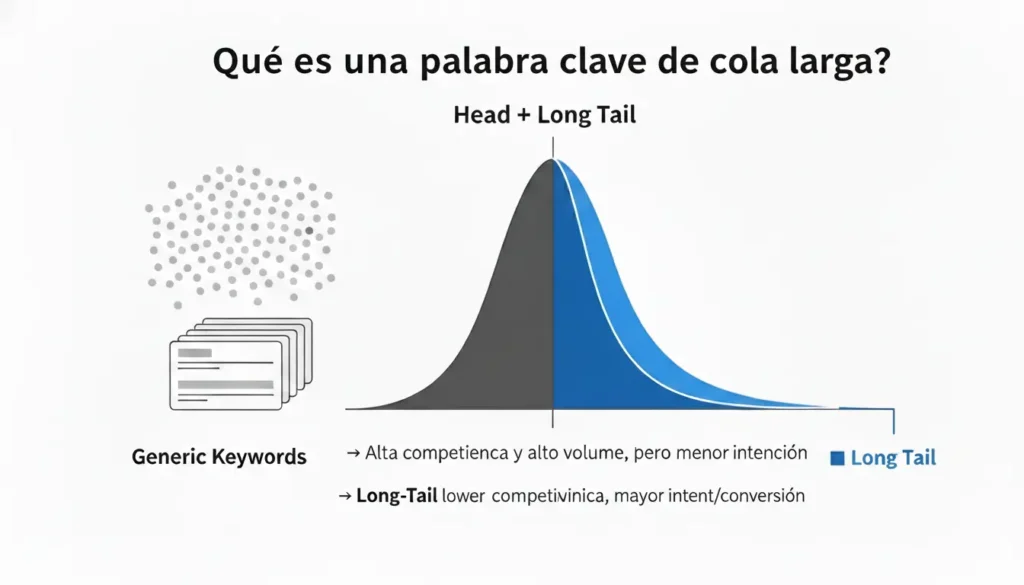 Gráfica que explica las palabras clave long tail: las keywords genéricas concentran alto volumen y alta competencia, mientras la cola larga reúne muchas búsquedas específicas con mayor intención y conversión