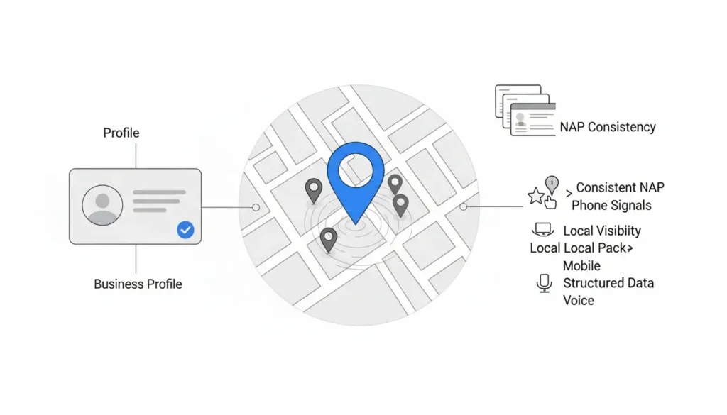 Diagrama de SEO local: un perfil de negocio verificado conectado a un mapa y a la consistencia NAP (nombre, dirección y teléfono) como factor clave para visibilidad en Google Maps y Local Pack