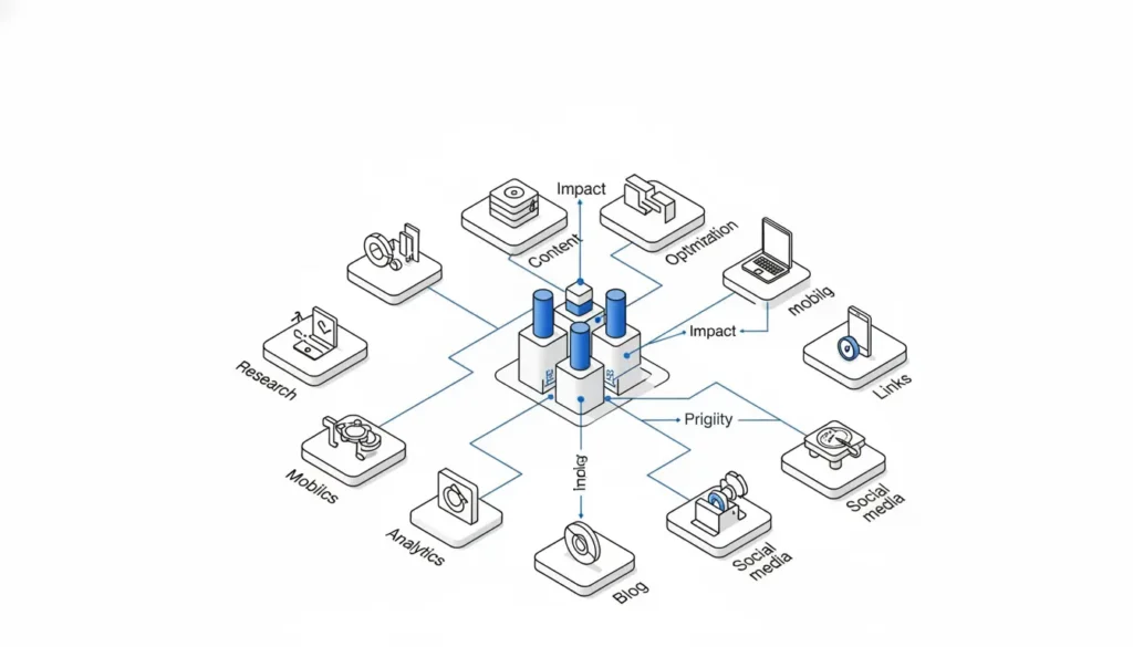 Diagrama de SEO para blogs con investigación, contenido, enlaces, móvil, analítica y optimización conectados