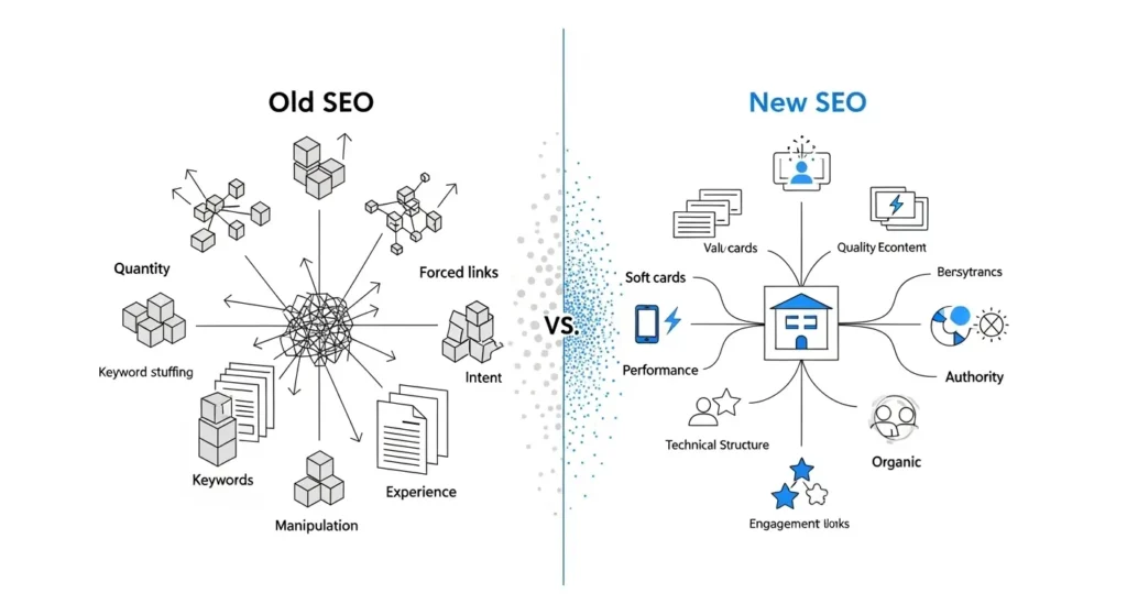 Comparativa Viejo vs Nuevo SEO mostrando prácticas antiguas frente a contenido de calidad, autoridad y experiencia del usuario