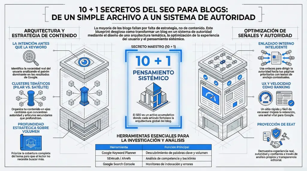 Infografía con 10 + 1 secretos maestrss del SEO para optimizar y posicionar un blog.