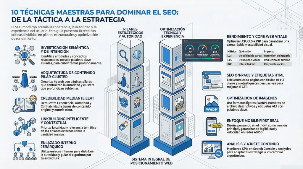 Infografía con 10 técnicas para dominar el SEO y mejorar el posicionamiento web.