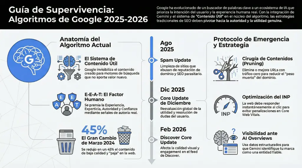 Infografía sobre la evolución de los algoritmos de Google 2025-2026, E-E-A-T, Core Updates, Spam Updates y estrategias SEO para sobrevivir en la era de la inteligencia artificial.
