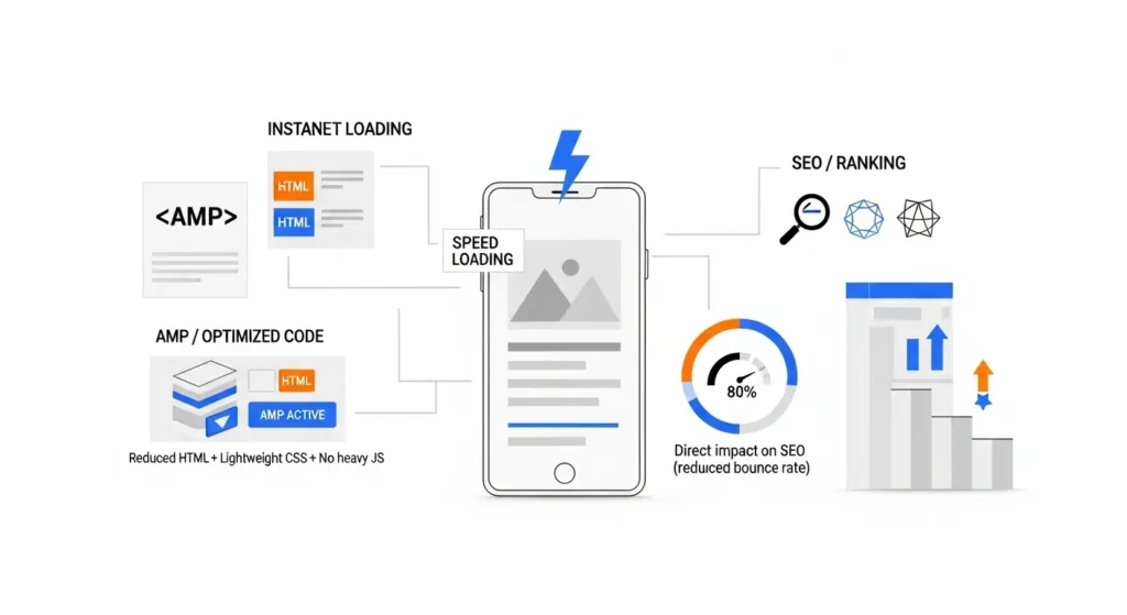 Diagrama de AMP SEO mostrando carga instantánea en móvil mediante HTML optimizado y su impacto en velocidad, reducción de rebote y posicionamiento en buscadores
