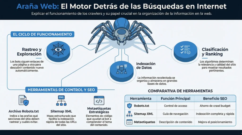 Infografía educativa que explica cómo funcionan los crawlers web mediante las fases de rastreo, indexación y clasificación, incluyendo el uso de robots.txt, sitemap XML y metaetiquetas para optimizar el SEO.