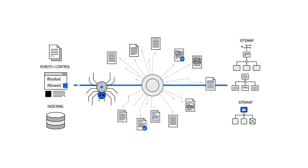 Proceso de crawling e indexación de una araña web con robots.txt, enlaces internos y sitemap XML