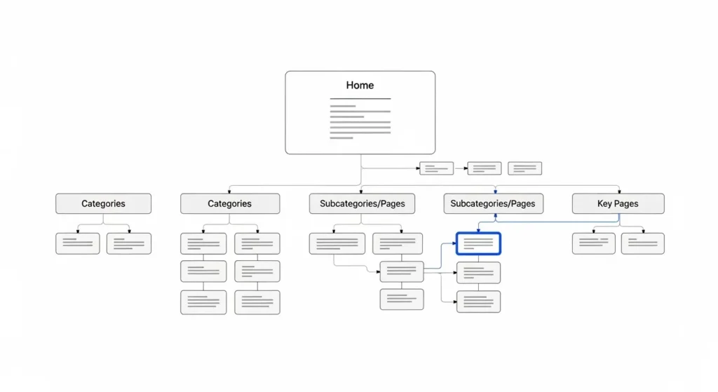 Infografía de arquitectura web: desde la home se ramifican categorías y subcategorías; una ruta azul resalta el enlazado interno hacia una página clave.