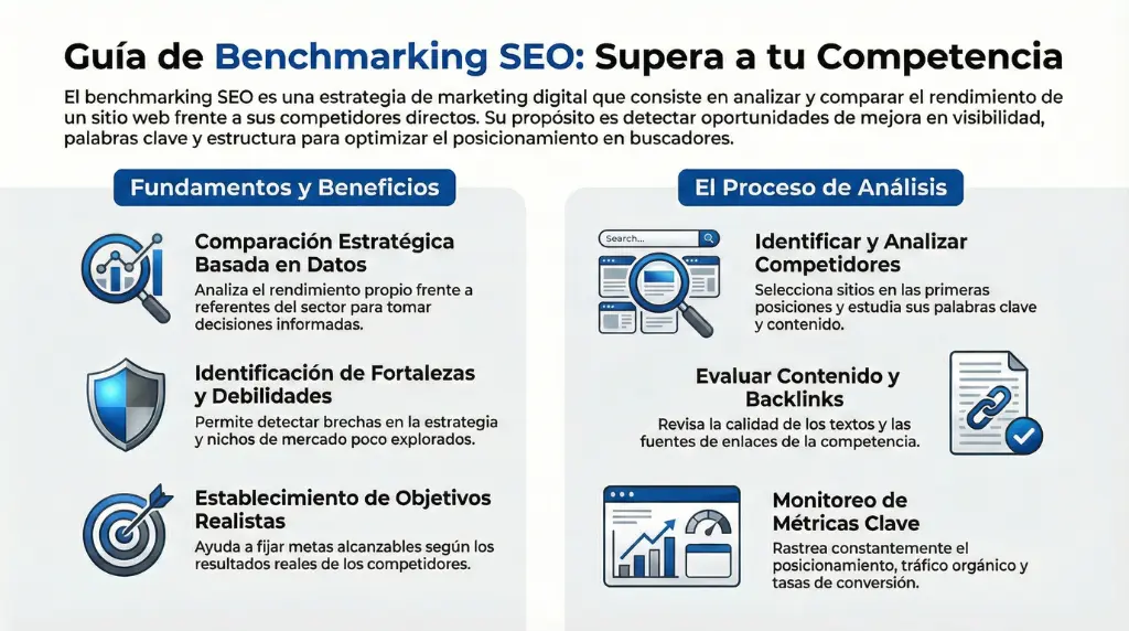 Infografía de benchmarking SEO que explica cómo comparar un sitio web con sus competidores, identificar fortalezas y debilidades, analizar contenido y backlinks, y monitorear métricas clave para mejorar el posicionamiento orgánico.