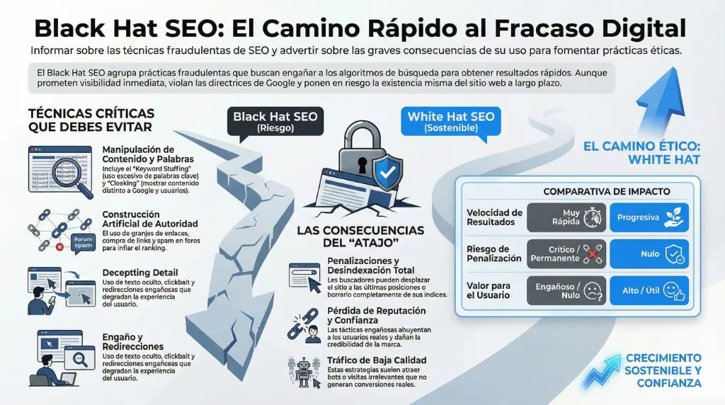 Infografía sobre Black Hat SEO, riesgos de penalización y comparativa con White Hat SEO.