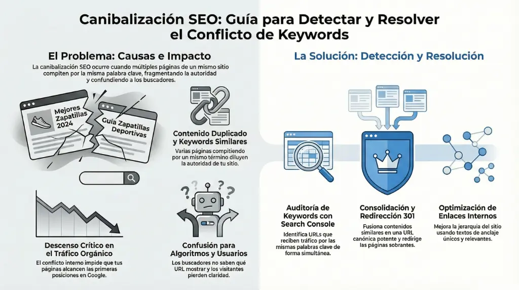 Infografía sobre canibalización SEO y cómo detectarla y resolver conflicto de keywords.