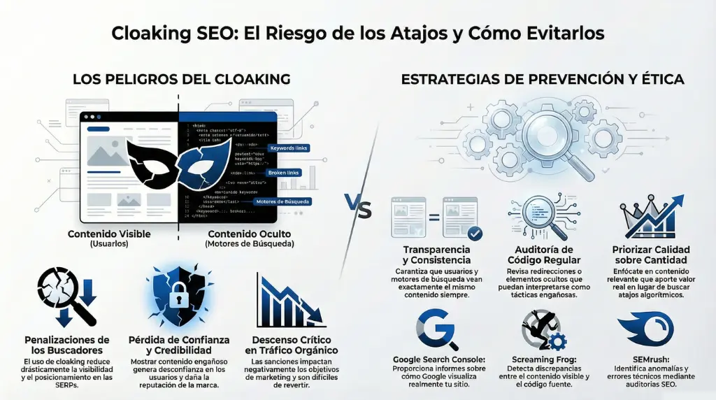Infografía sobre cloaking SEO, riesgos de penalización y estrategias éticas de prevención.