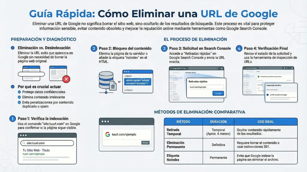Infografía con pasos para eliminar una URL de Google usando Search Console y etiqueta noindex.