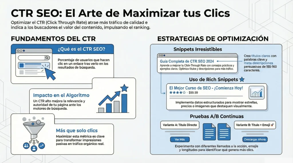 Infografía educativa sobre CTR SEO que explica fundamentos del click through rate, impacto en el algoritmo y estrategias como snippets optimizados, rich snippets y pruebas A/B para aumentar clics.