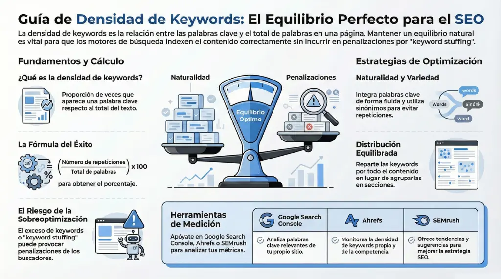 Infografía que explica qué es la densidad de keywords, cómo se calcula, el riesgo del keyword stuffing y estrategias para mantener un equilibrio natural en el contenido SEO.