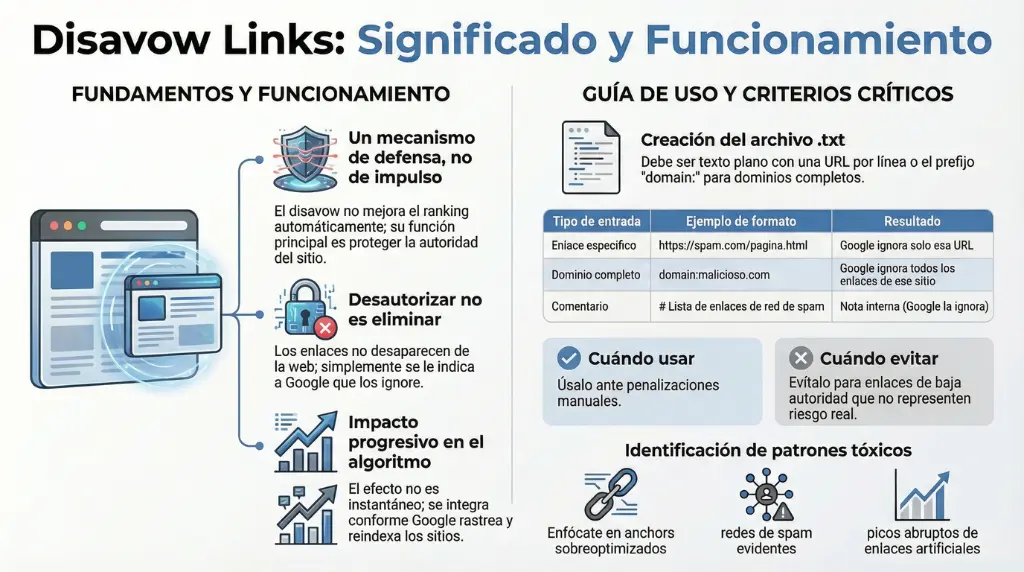 Infografía sobre disavow links, su funcionamiento y criterios de uso en SEO.