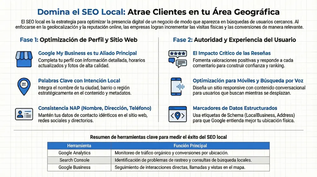 Infografía que explica cómo dominar el SEO local para atraer clientes en un área geográfica, incluyendo optimización de Google My Business, palabras clave locales, consistencia NAP, reseñas, búsqueda por voz, datos estructurados y herramientas de medición.
