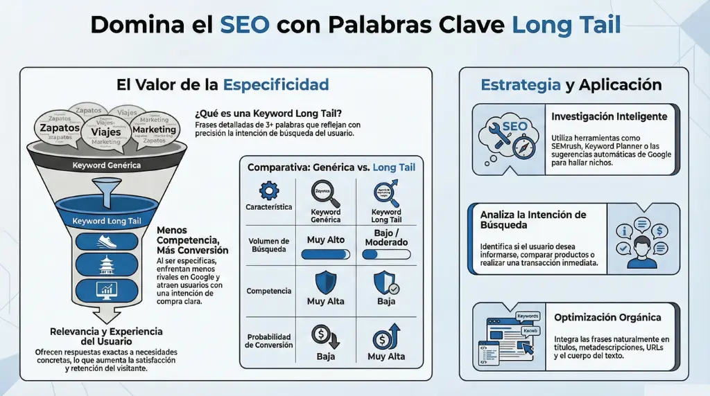 Infografía que explica cómo dominar el SEO con palabras clave long tail, mostrando la diferencia entre keywords genéricas y long tail, su menor competencia, mayor conversión y estrategias de investigación, intención de búsqueda y optimización orgánica.
