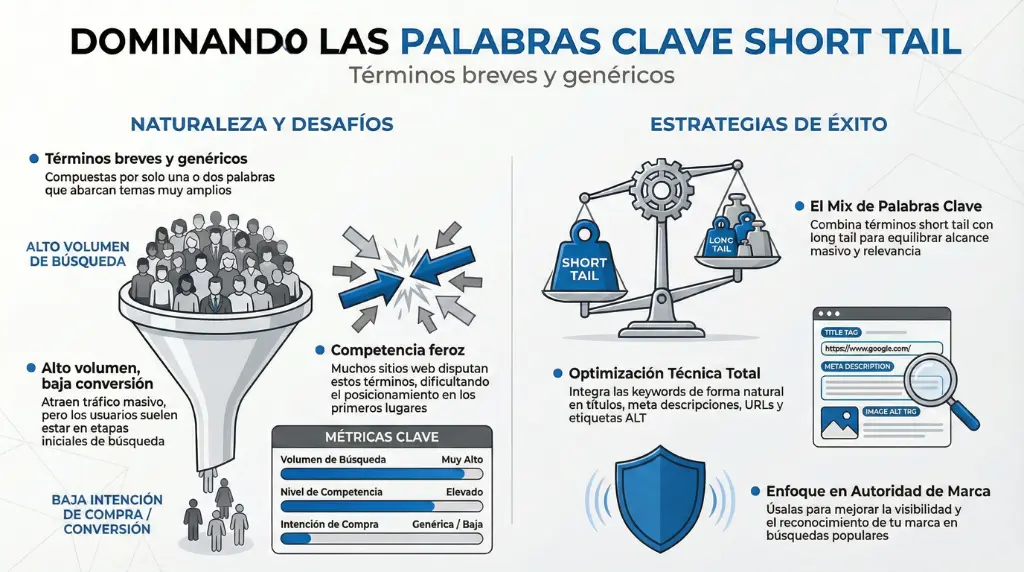Infografía que explica qué son las palabras clave short tail, sus desafíos como alto volumen y baja conversión, y las estrategias SEO para usarlas junto con long tail, optimización técnica y autoridad de marca.