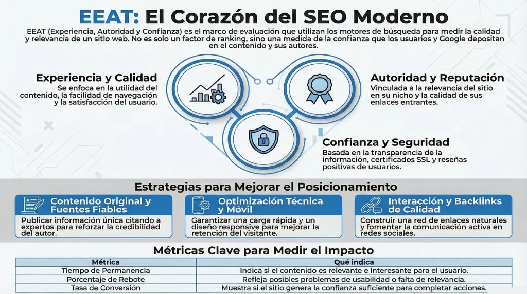 Infografía que explica el concepto EEAT en SEO, incluyendo experiencia, autoridad y confianza, junto con estrategias para mejorar el posicionamiento y métricas clave de evaluación.