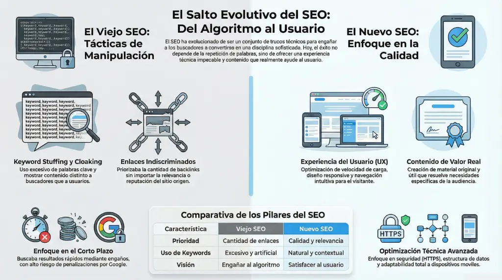 Infografía comparativa entre viejo SEO manipulativo y nuevo SEO enfocado en calidad y experiencia de usuario.