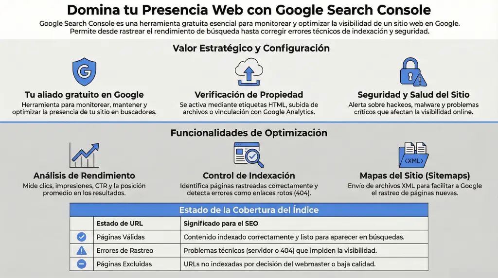 Infografía que explica Google Search Console, incluyendo verificación de propiedad, análisis de rendimiento, control de indexación, sitemaps y estado de cobertura del índice con páginas válidas, errores y URLs excluidas.
