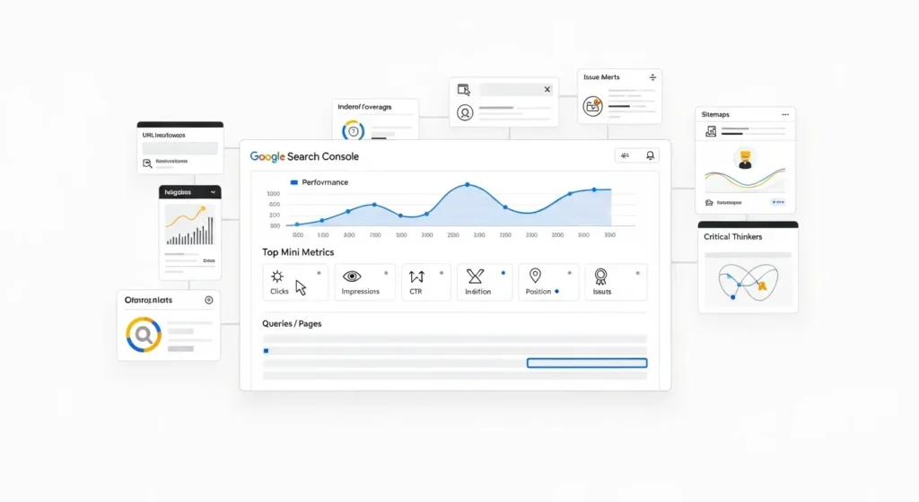 Interfaz de Google Search Console con panel de rendimiento, métricas (clics, impresiones, CTR, posición) y módulos de indexación, sitemaps e incidencias