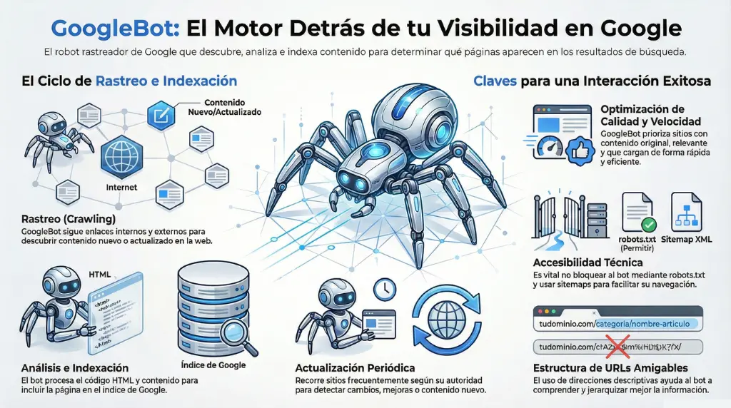 Infografía que explica el funcionamiento de GoogleBot, incluyendo el proceso de rastreo, análisis, indexación y las claves técnicas para optimizar la interacción con el bot de Google.
